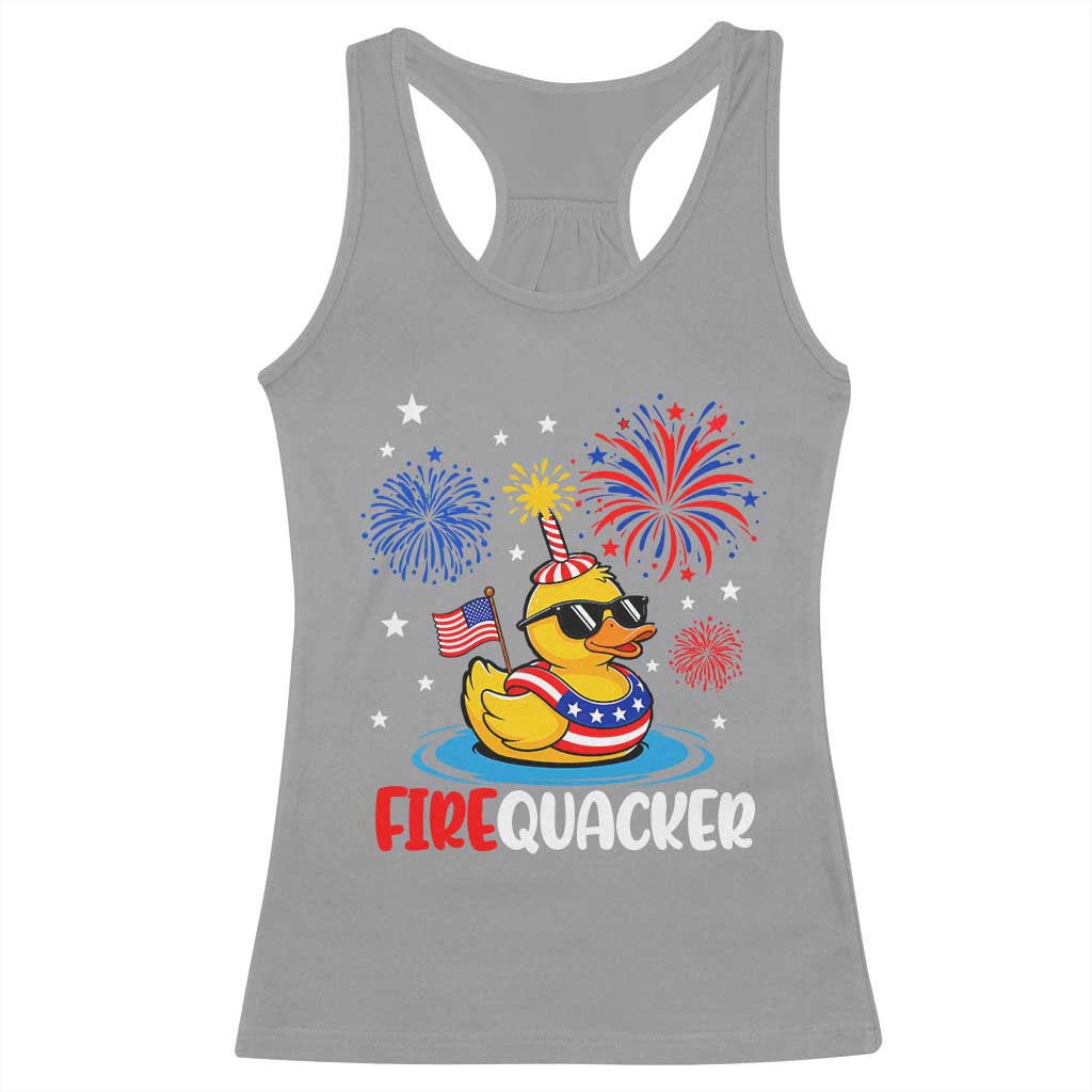 Firequacker Funny Patriotic Rubber Duck Racerback Tank Top Cool American Flag Sunglasses and Stars Swim Ring Summer Fireworks