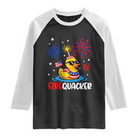 Firequacker Funny Patriotic Rubber Duck Raglan Shirt Cool American Flag Sunglasses and Stars Swim Ring Summer Fireworks