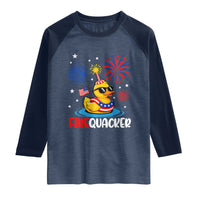 Firequacker Funny Patriotic Rubber Duck Raglan Shirt Cool American Flag Sunglasses and Stars Swim Ring Summer Fireworks