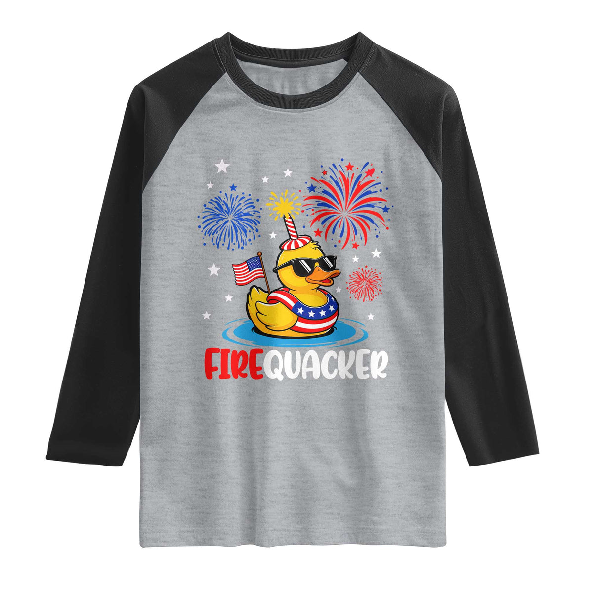 Firequacker Funny Patriotic Rubber Duck Raglan Shirt Cool American Flag Sunglasses and Stars Swim Ring Summer Fireworks