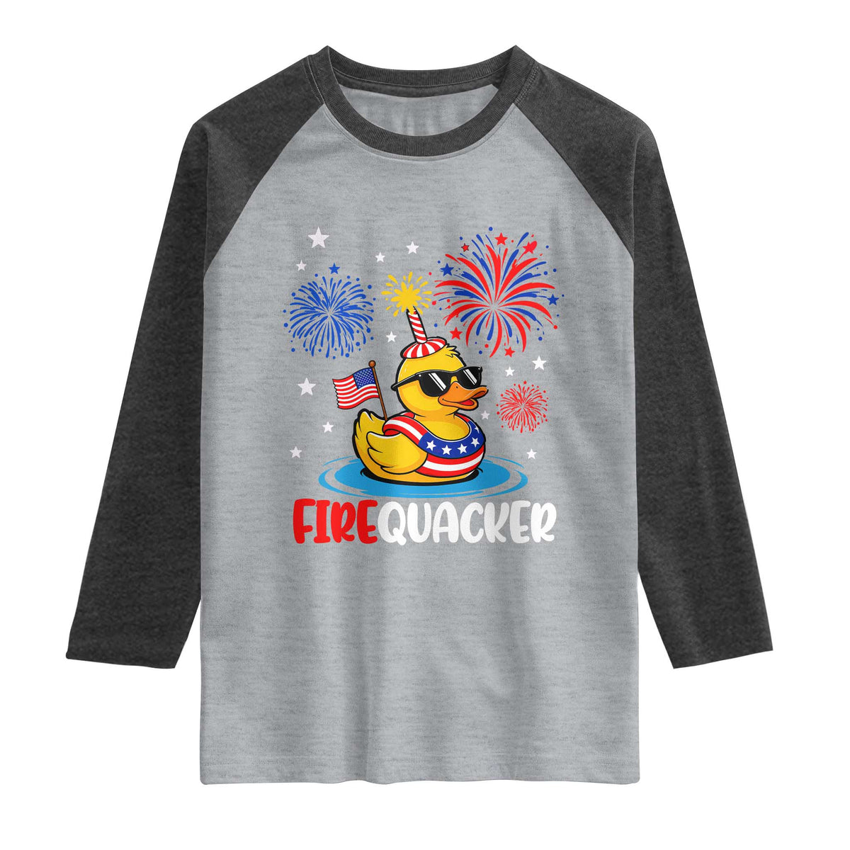 Firequacker Funny Patriotic Rubber Duck Raglan Shirt Cool American Flag Sunglasses and Stars Swim Ring Summer Fireworks