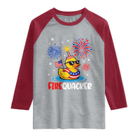Firequacker Funny Patriotic Rubber Duck Raglan Shirt Cool American Flag Sunglasses and Stars Swim Ring Summer Fireworks