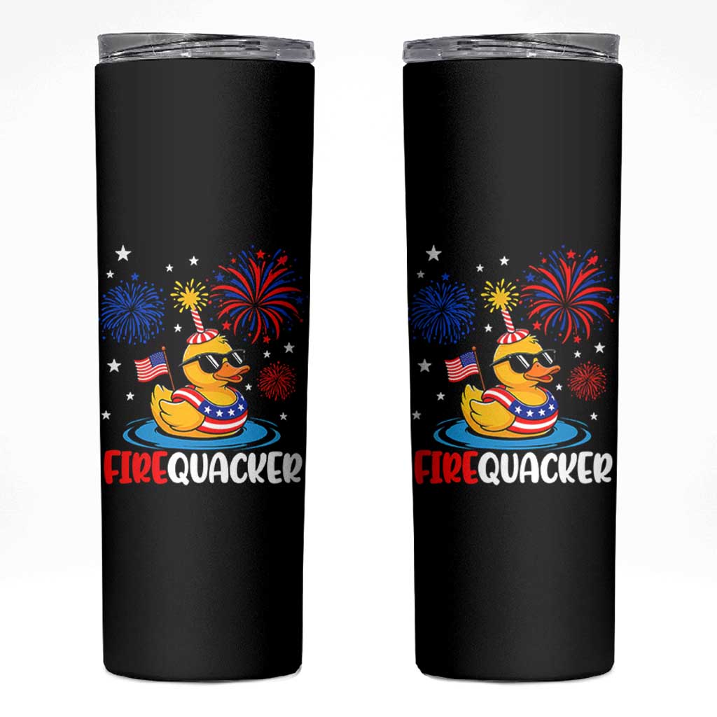Firequacker Funny Patriotic Rubber Duck Skinny Tumbler Cool American Flag Sunglasses and Stars Swim Ring Summer Fireworks