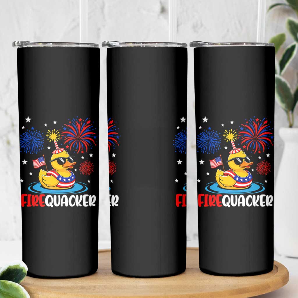 Firequacker Funny Patriotic Rubber Duck Skinny Tumbler Cool American Flag Sunglasses and Stars Swim Ring Summer Fireworks