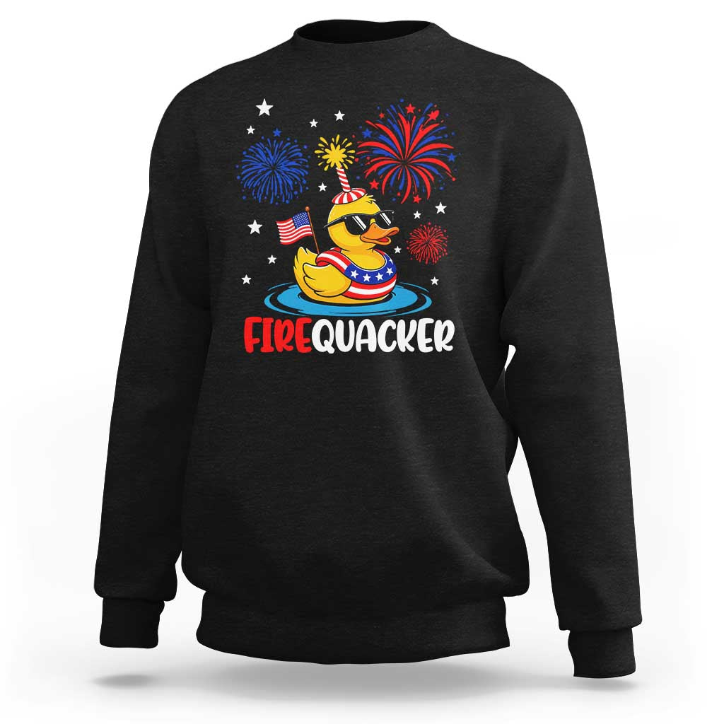 Firequacker Funny Patriotic Rubber Duck Sweatshirt Cool American Flag Sunglasses and Stars Swim Ring Summer Fireworks