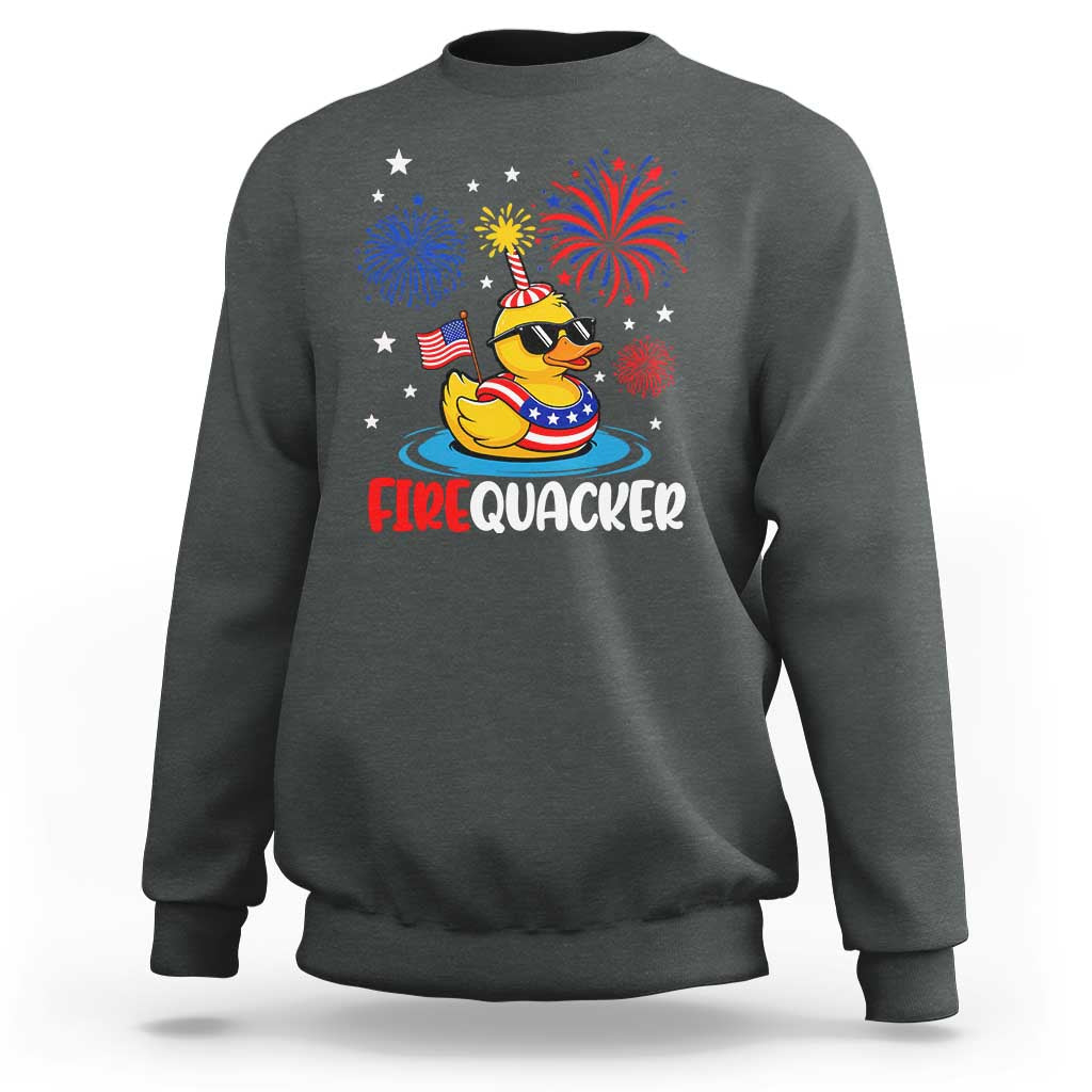 Firequacker Funny Patriotic Rubber Duck Sweatshirt Cool American Flag Sunglasses and Stars Swim Ring Summer Fireworks