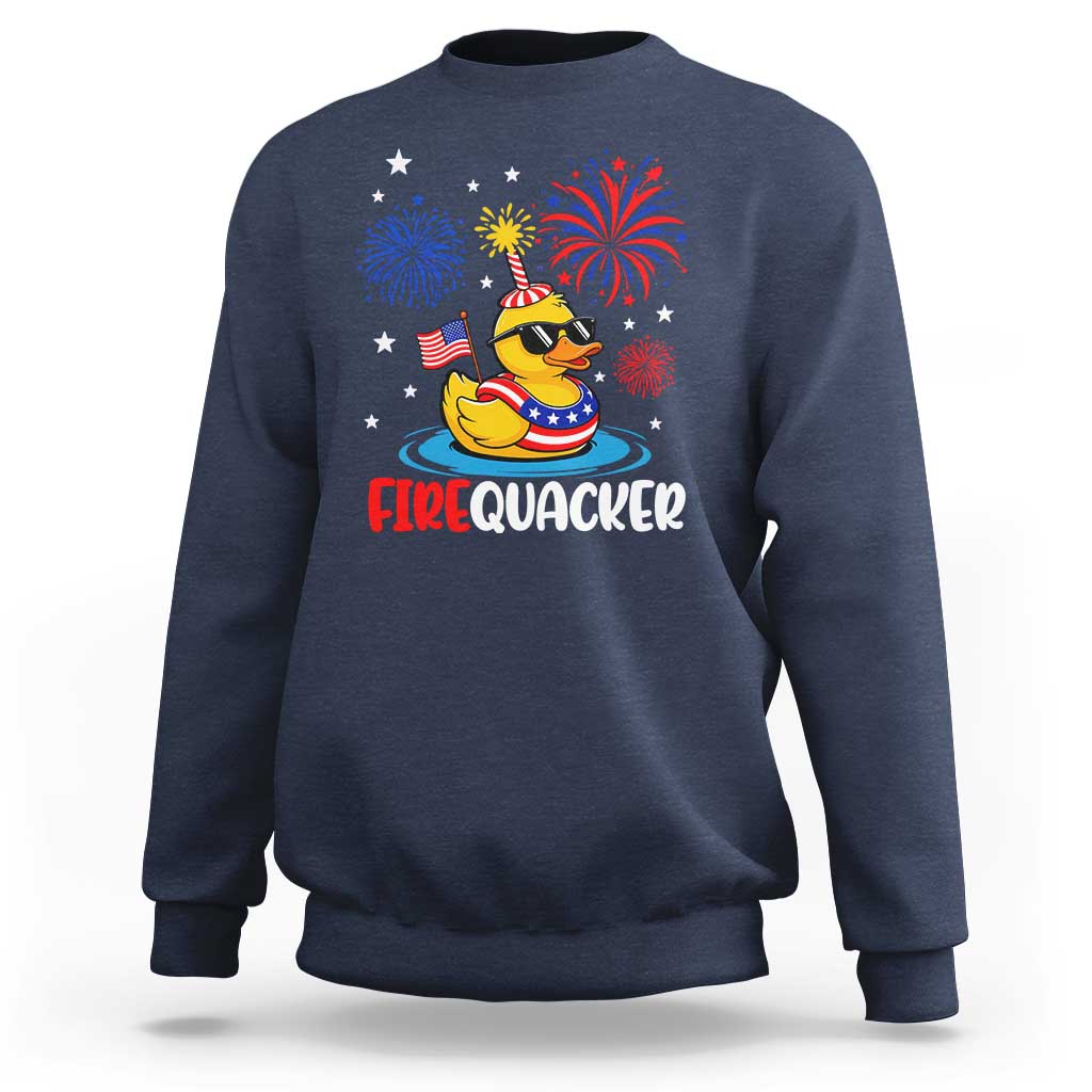 Firequacker Funny Patriotic Rubber Duck Sweatshirt Cool American Flag Sunglasses and Stars Swim Ring Summer Fireworks