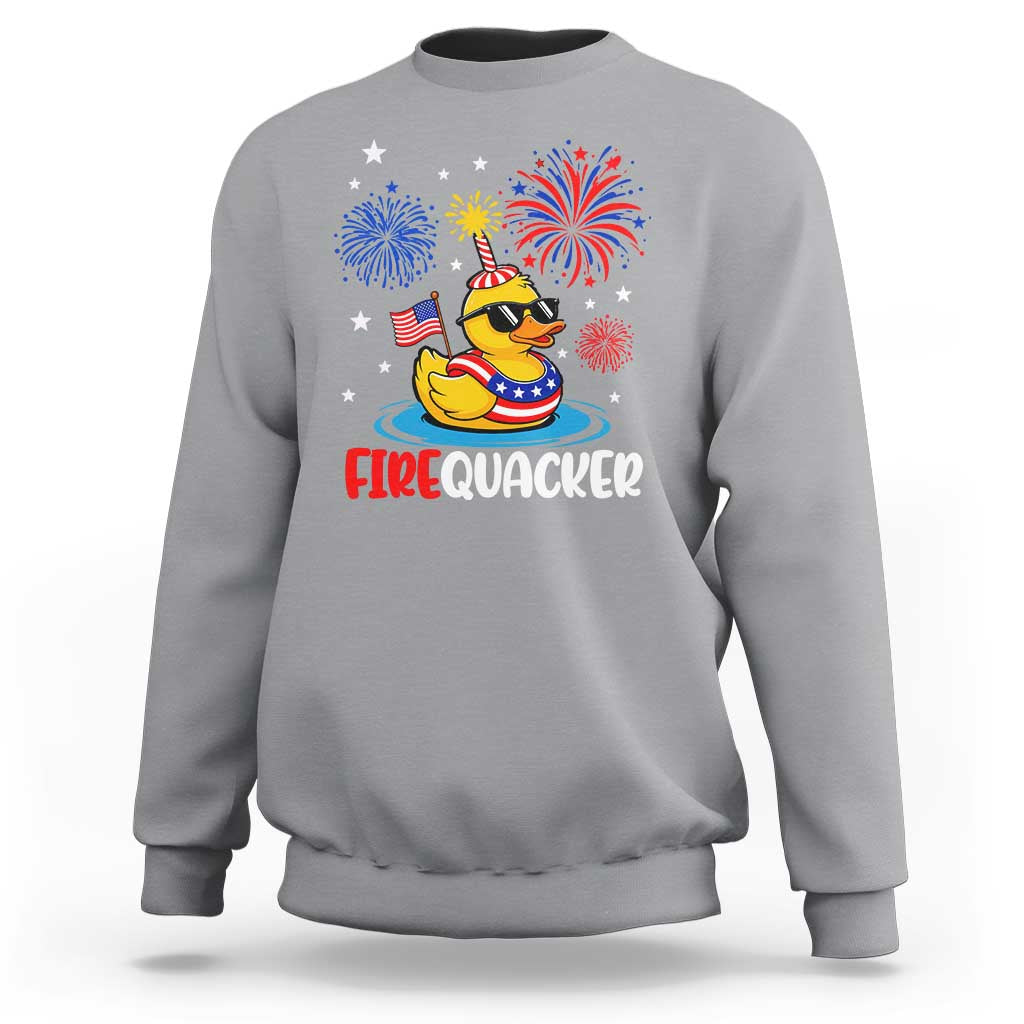 Firequacker Funny Patriotic Rubber Duck Sweatshirt Cool American Flag Sunglasses and Stars Swim Ring Summer Fireworks