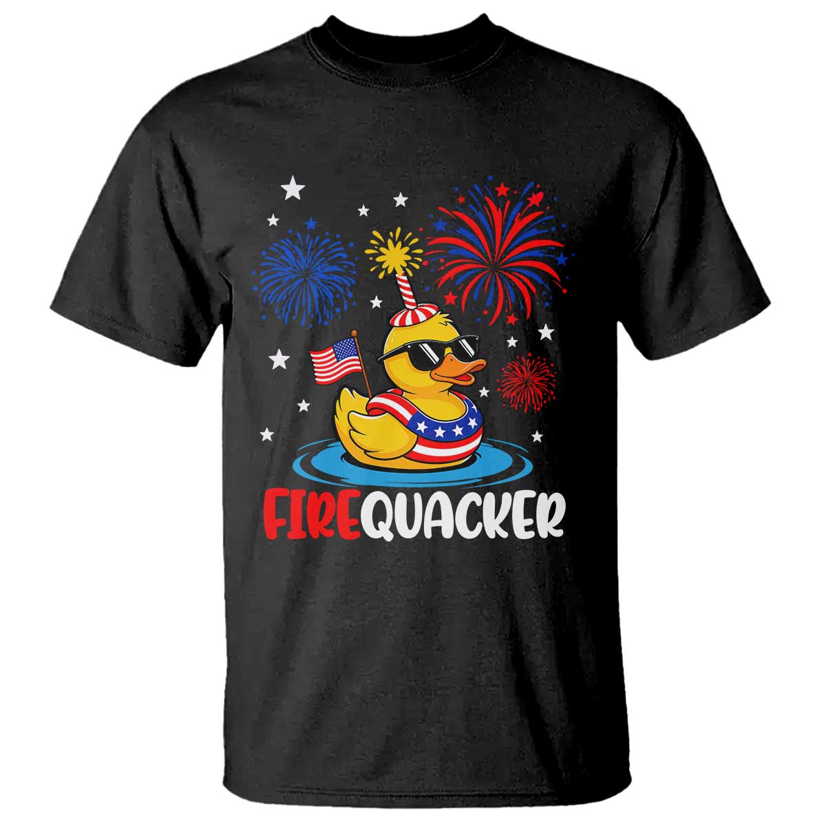 Firequacker Funny Patriotic Rubber Duck T Shirt Cool American Flag Sunglasses and Stars Swim Ring Summer Fireworks