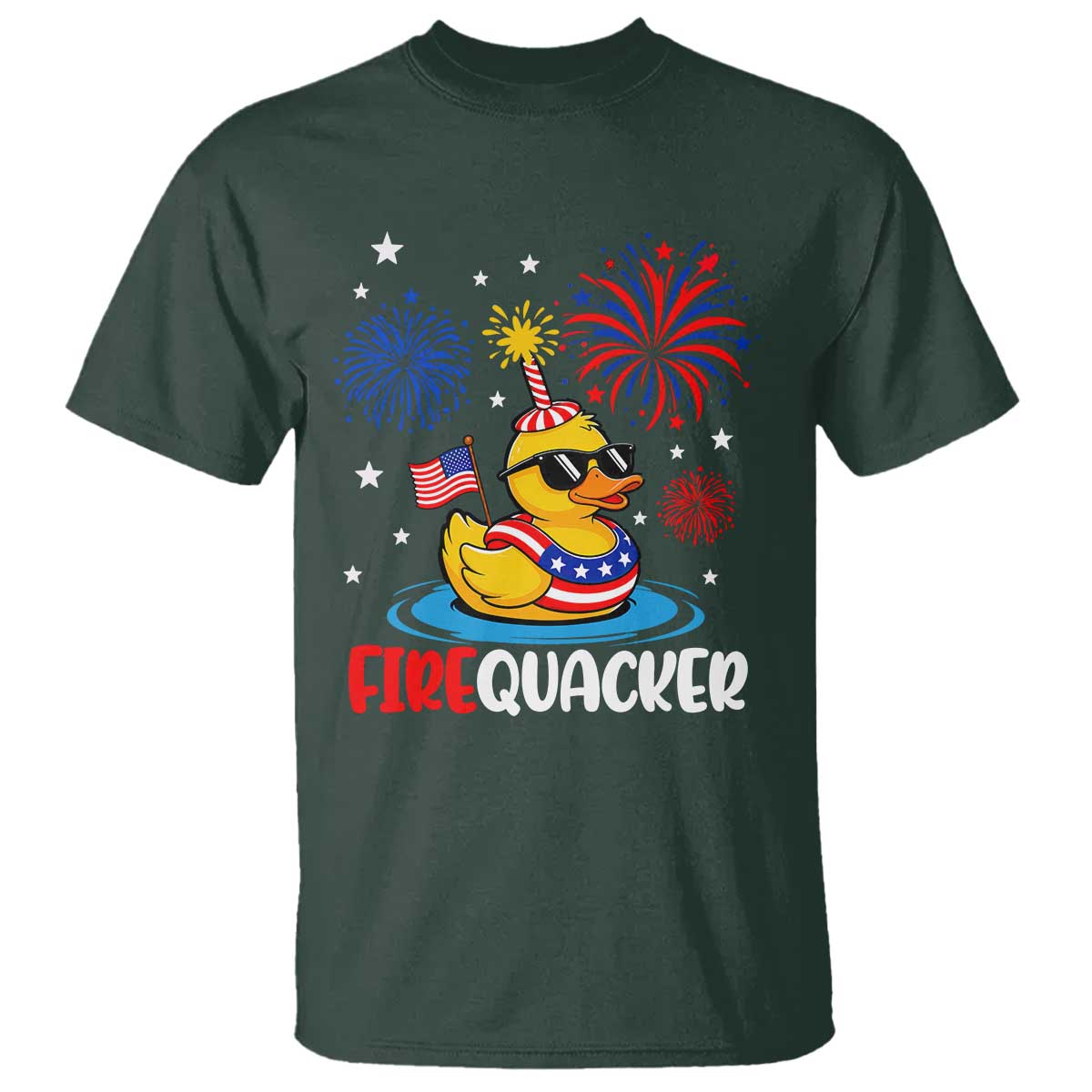 Firequacker Funny Patriotic Rubber Duck T Shirt Cool American Flag Sunglasses and Stars Swim Ring Summer Fireworks