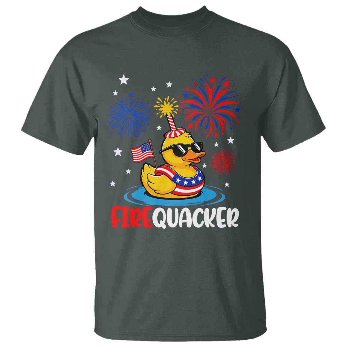 Firequacker Funny Patriotic Rubber Duck T Shirt Cool American Flag Sunglasses and Stars Swim Ring Summer Fireworks