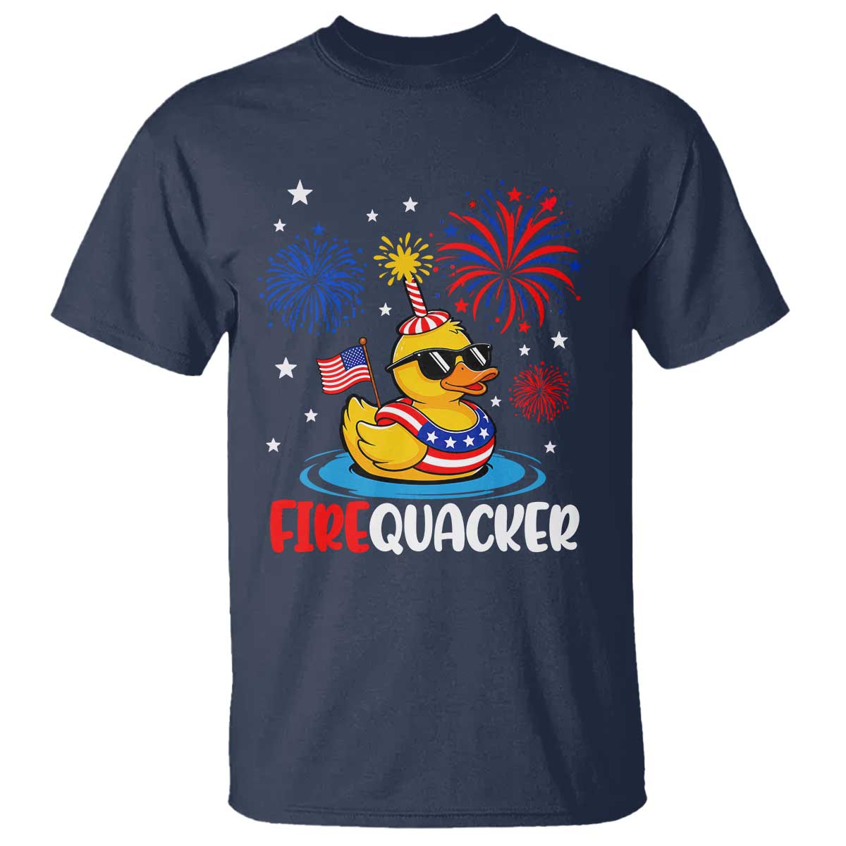 Firequacker Funny Patriotic Rubber Duck T Shirt Cool American Flag Sunglasses and Stars Swim Ring Summer Fireworks