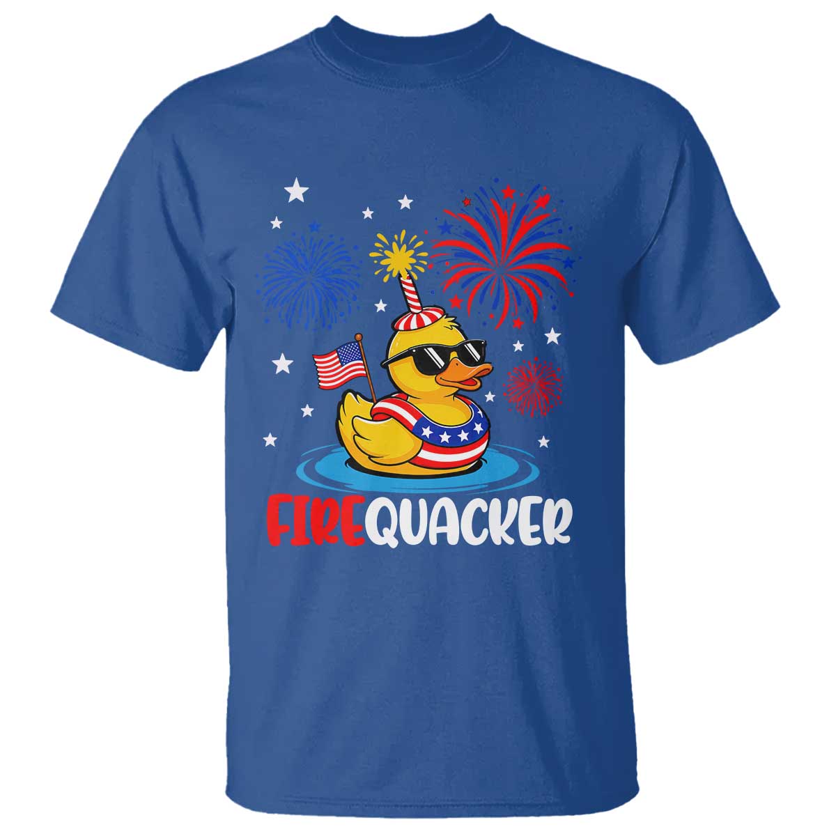 Firequacker Funny Patriotic Rubber Duck T Shirt Cool American Flag Sunglasses and Stars Swim Ring Summer Fireworks
