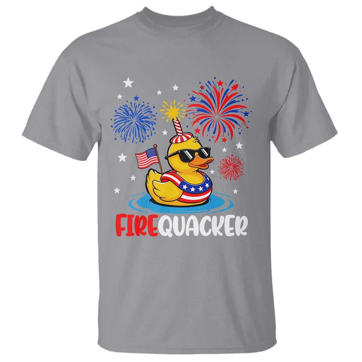 Firequacker Funny Patriotic Rubber Duck T Shirt Cool American Flag Sunglasses and Stars Swim Ring Summer Fireworks