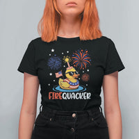 Firequacker Funny Patriotic Rubber Duck T Shirt For Women Cool American Flag Sunglasses and Stars Swim Ring Summer Fireworks