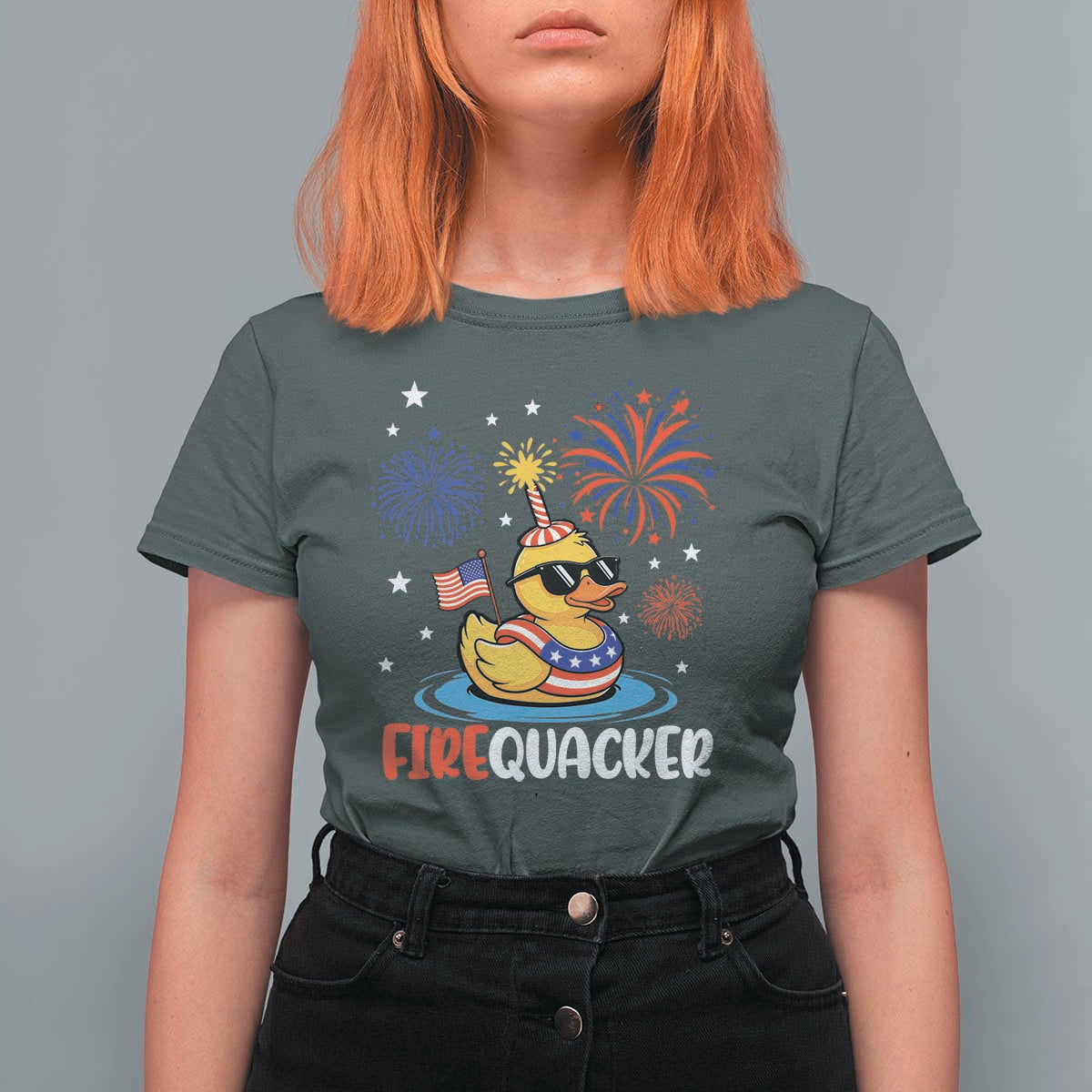 Firequacker Funny Patriotic Rubber Duck T Shirt For Women Cool American Flag Sunglasses and Stars Swim Ring Summer Fireworks