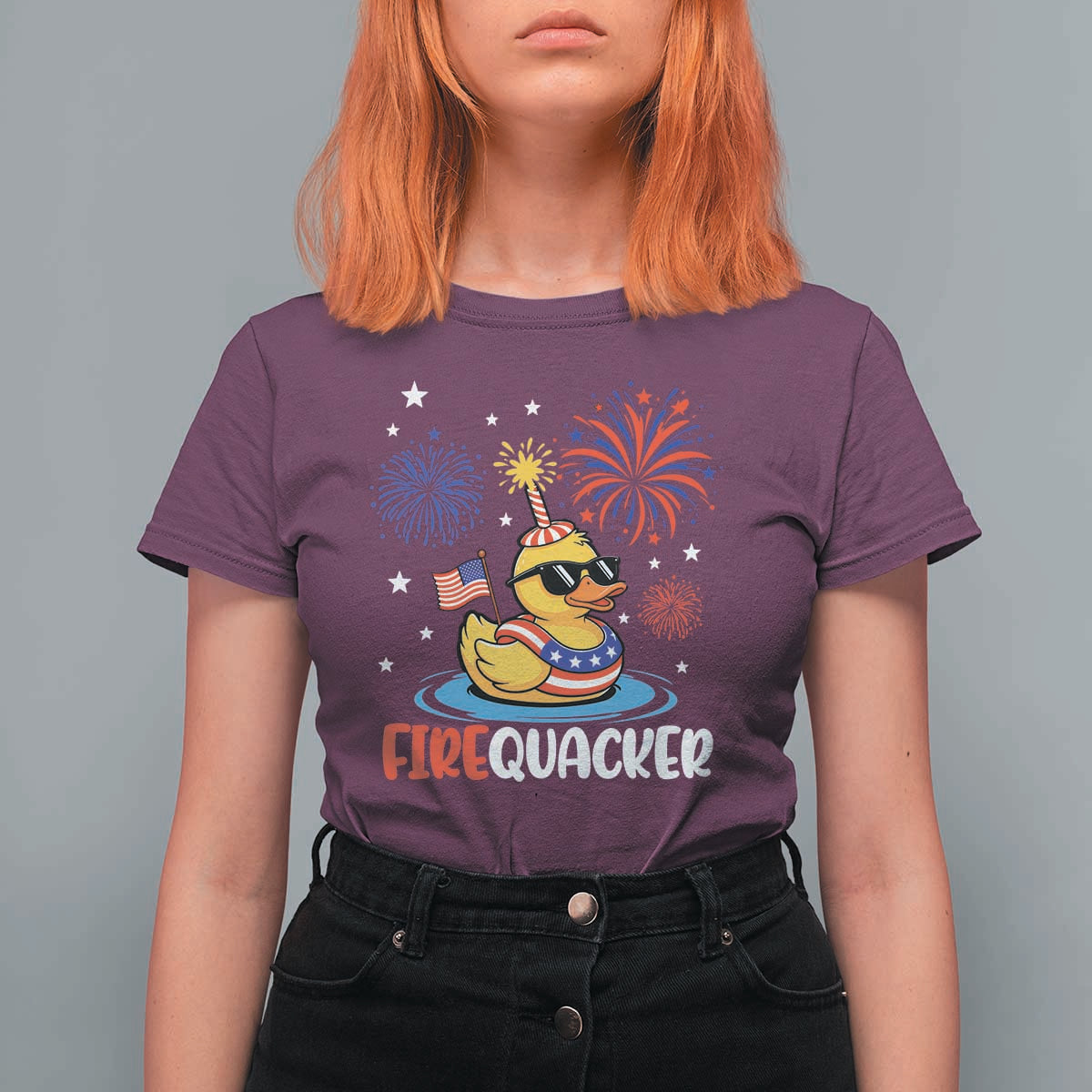 Firequacker Funny Patriotic Rubber Duck T Shirt For Women Cool American Flag Sunglasses and Stars Swim Ring Summer Fireworks