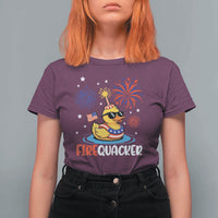 Firequacker Funny Patriotic Rubber Duck T Shirt For Women Cool American Flag Sunglasses and Stars Swim Ring Summer Fireworks