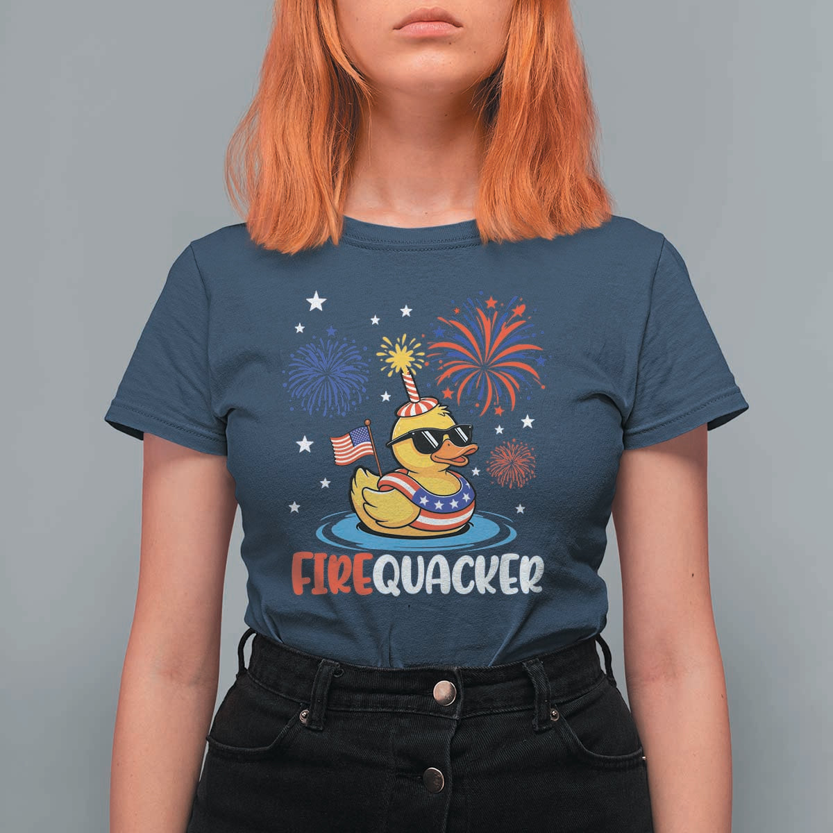 Firequacker Funny Patriotic Rubber Duck T Shirt For Women Cool American Flag Sunglasses and Stars Swim Ring Summer Fireworks