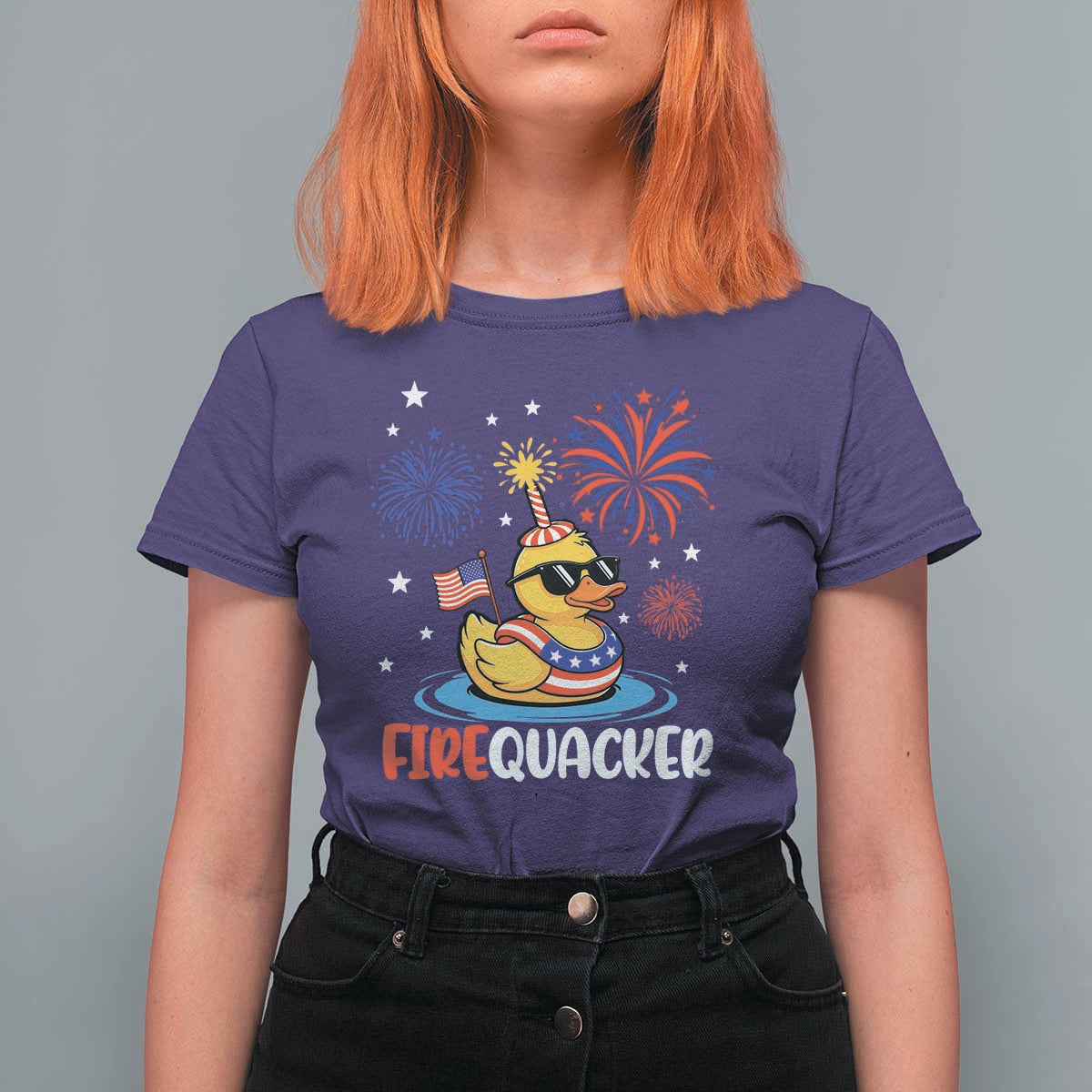Firequacker Funny Patriotic Rubber Duck T Shirt For Women Cool American Flag Sunglasses and Stars Swim Ring Summer Fireworks