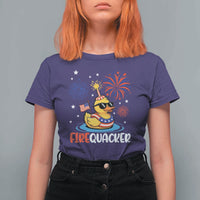 Firequacker Funny Patriotic Rubber Duck T Shirt For Women Cool American Flag Sunglasses and Stars Swim Ring Summer Fireworks