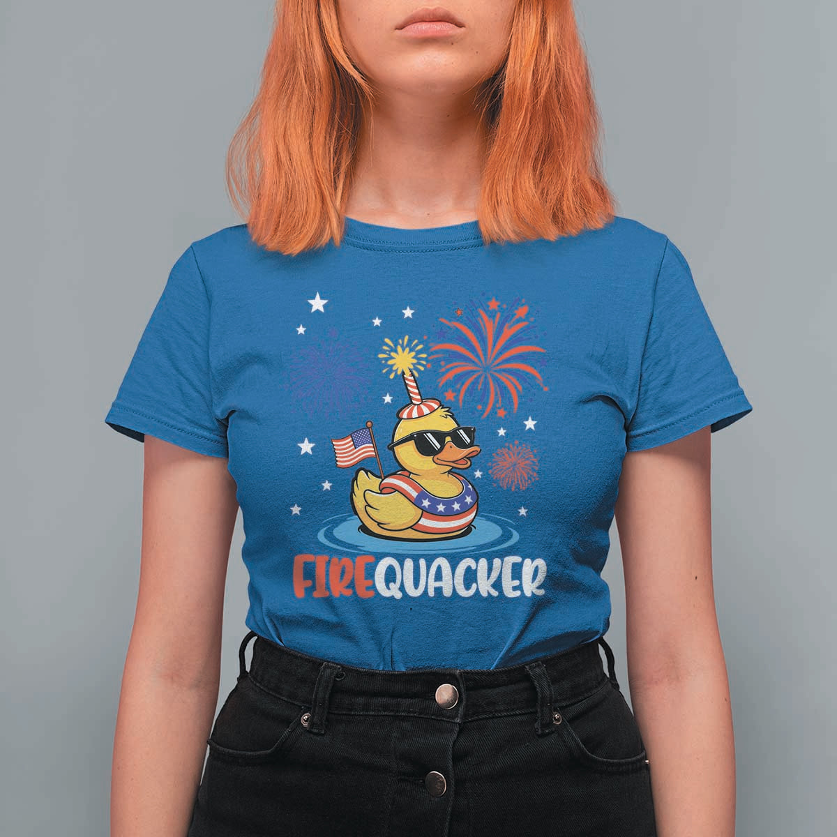 Firequacker Funny Patriotic Rubber Duck T Shirt For Women Cool American Flag Sunglasses and Stars Swim Ring Summer Fireworks