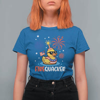 Firequacker Funny Patriotic Rubber Duck T Shirt For Women Cool American Flag Sunglasses and Stars Swim Ring Summer Fireworks