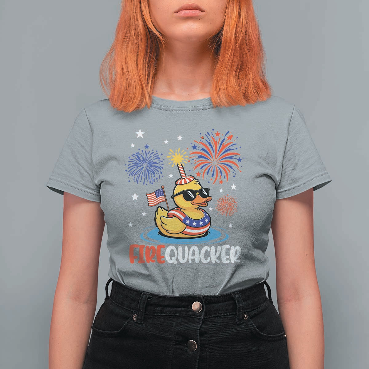 Firequacker Funny Patriotic Rubber Duck T Shirt For Women Cool American Flag Sunglasses and Stars Swim Ring Summer Fireworks