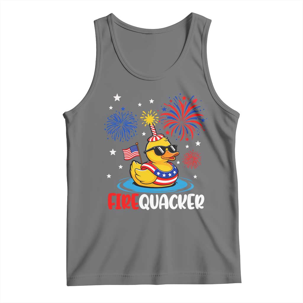Firequacker Funny Patriotic Rubber Duck Tank Top Cool American Flag Sunglasses and Stars Swim Ring Summer Fireworks
