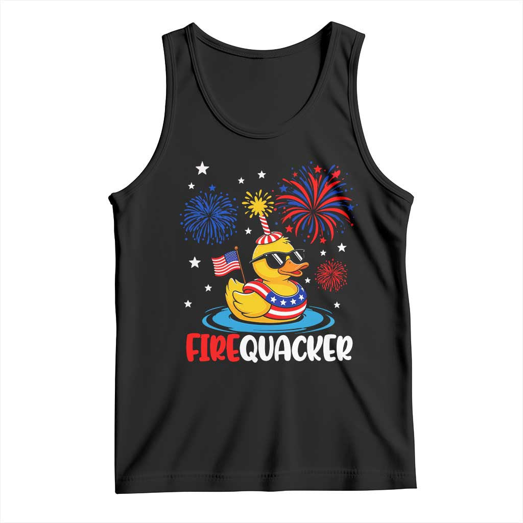 Firequacker Funny Patriotic Rubber Duck Tank Top Cool American Flag Sunglasses and Stars Swim Ring Summer Fireworks