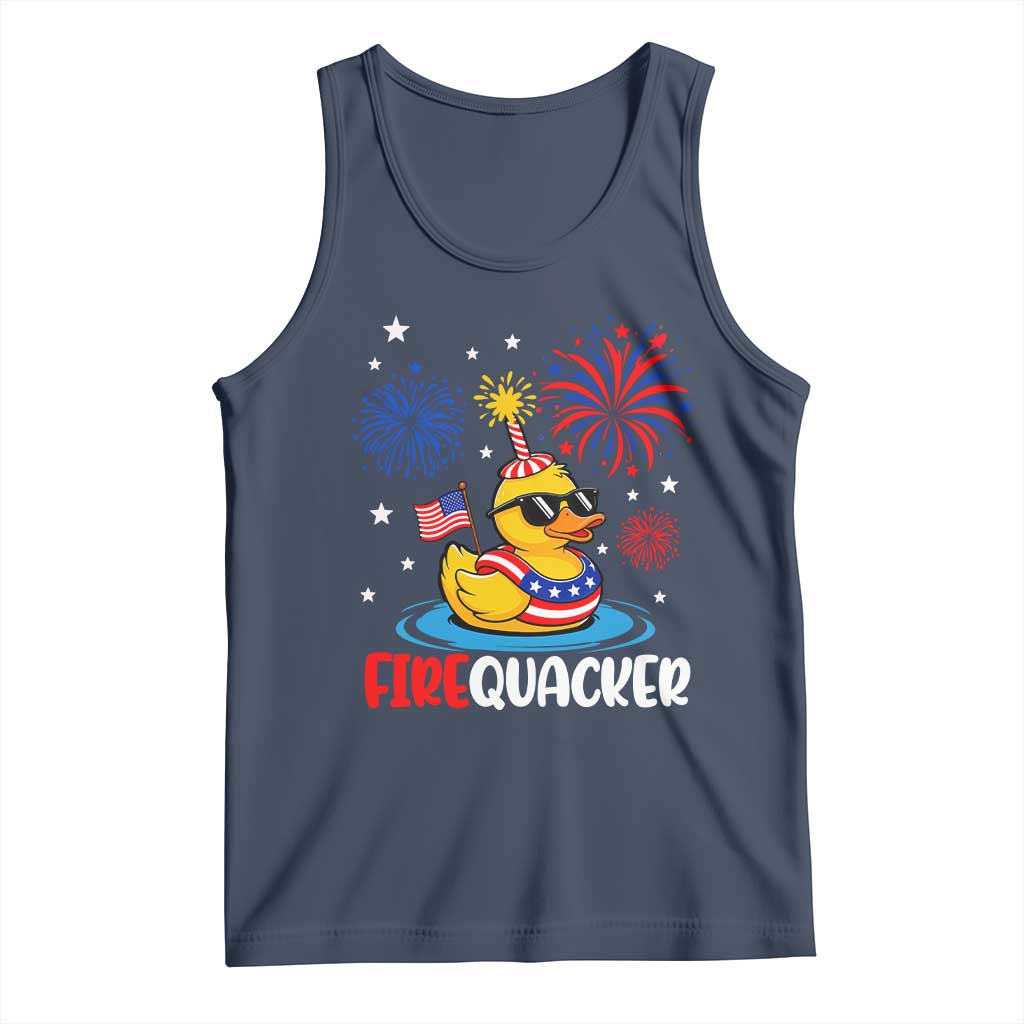 Firequacker Funny Patriotic Rubber Duck Tank Top Cool American Flag Sunglasses and Stars Swim Ring Summer Fireworks