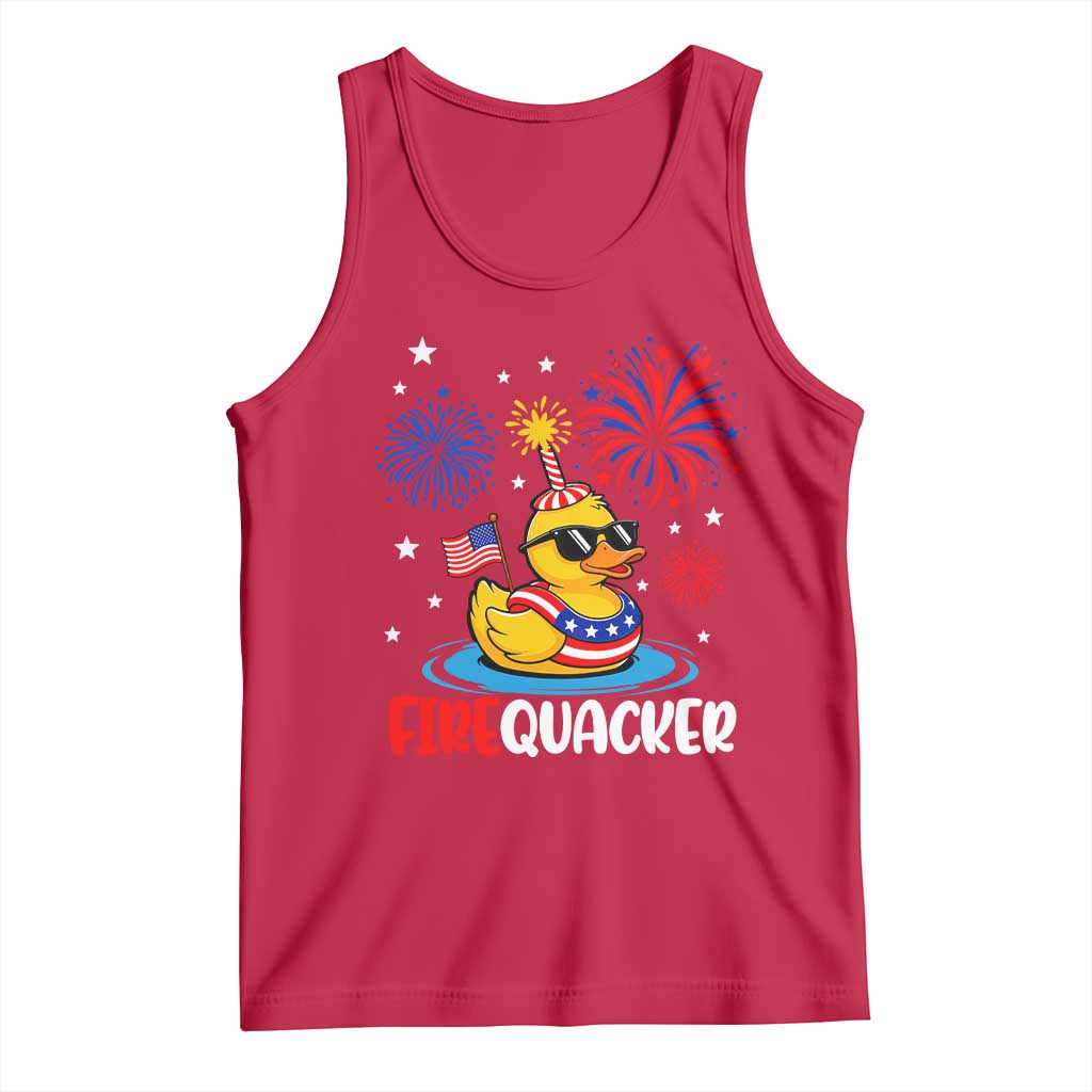 Firequacker Funny Patriotic Rubber Duck Tank Top Cool American Flag Sunglasses and Stars Swim Ring Summer Fireworks