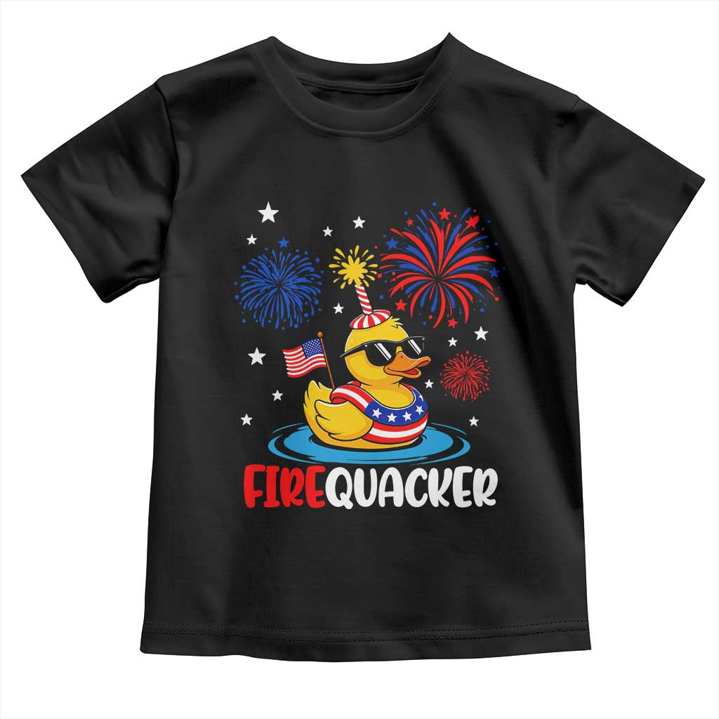 Firequacker Funny Patriotic Rubber Duck Toddler T Shirt Cool American Flag Sunglasses and Stars Swim Ring Summer Fireworks