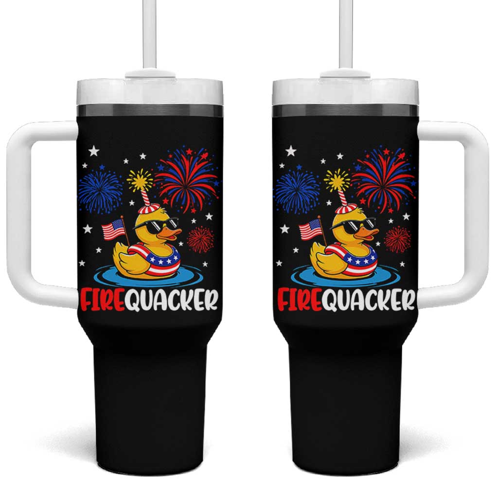 Firequacker Funny Patriotic Rubber Duck Tumbler With Handle Cool American Flag Sunglasses and Stars Swim Ring Summer Fireworks
