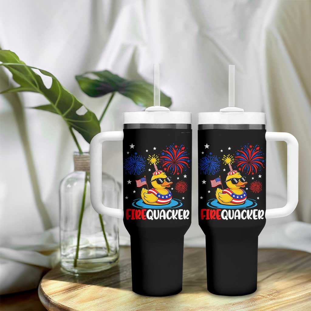 Firequacker Funny Patriotic Rubber Duck Tumbler With Handle Cool American Flag Sunglasses and Stars Swim Ring Summer Fireworks
