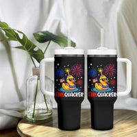 Firequacker Funny Patriotic Rubber Duck Tumbler With Handle Cool American Flag Sunglasses and Stars Swim Ring Summer Fireworks