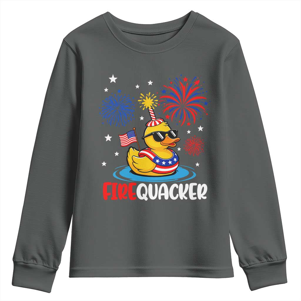 Firequacker Funny Patriotic Rubber Duck Youth Sweatshirt Cool American Flag Sunglasses and Stars Swim Ring Summer Fireworks