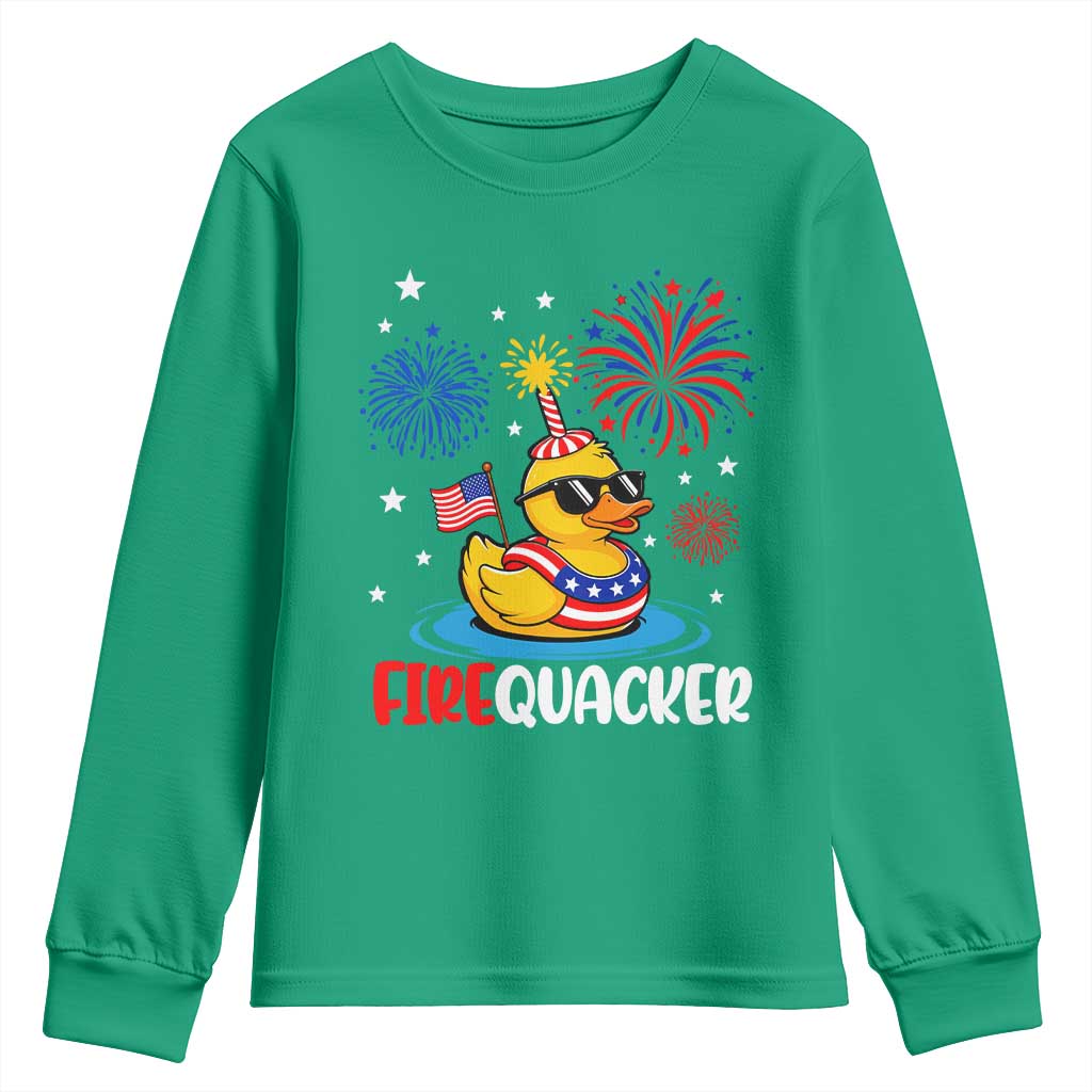 Firequacker Funny Patriotic Rubber Duck Youth Sweatshirt Cool American Flag Sunglasses and Stars Swim Ring Summer Fireworks