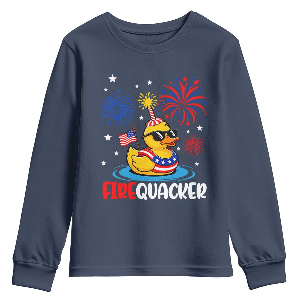 Firequacker Funny Patriotic Rubber Duck Youth Sweatshirt Cool American Flag Sunglasses and Stars Swim Ring Summer Fireworks