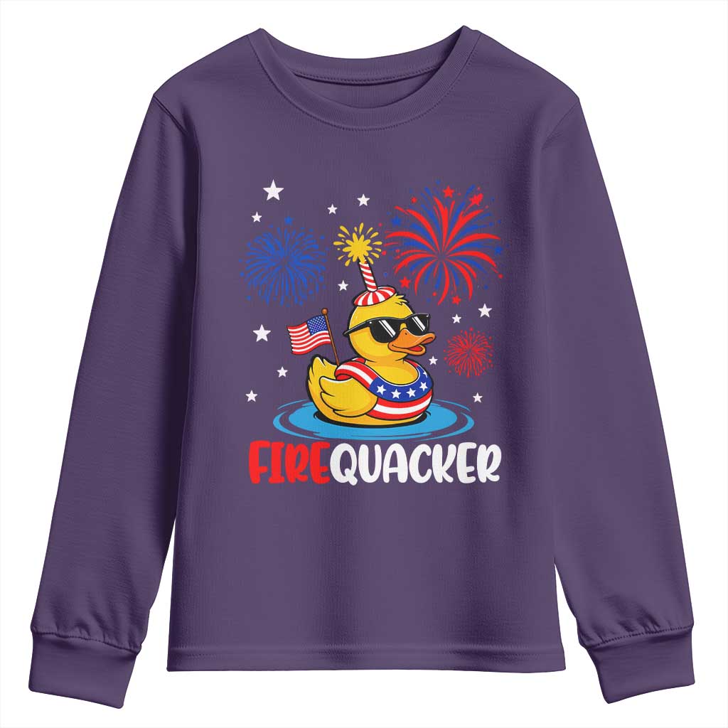 Firequacker Funny Patriotic Rubber Duck Youth Sweatshirt Cool American Flag Sunglasses and Stars Swim Ring Summer Fireworks