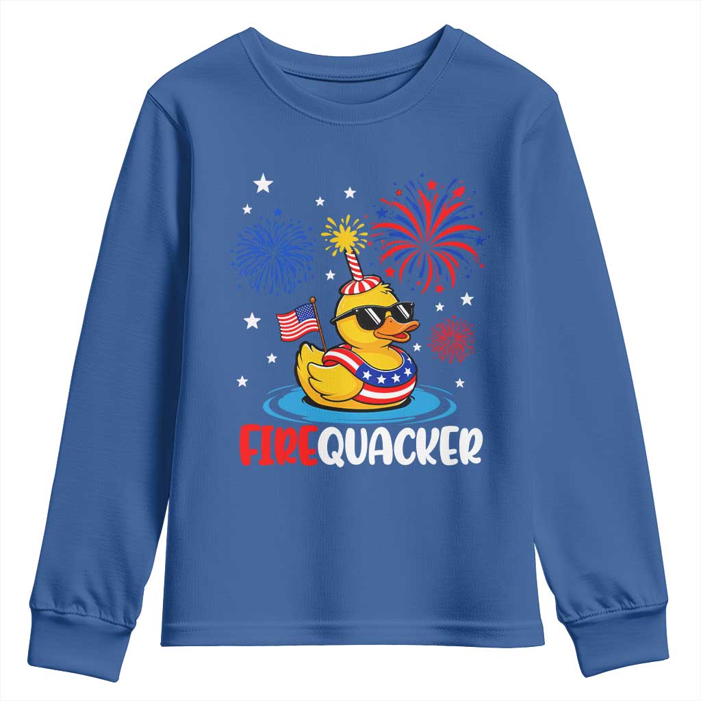 Firequacker Funny Patriotic Rubber Duck Youth Sweatshirt Cool American Flag Sunglasses and Stars Swim Ring Summer Fireworks