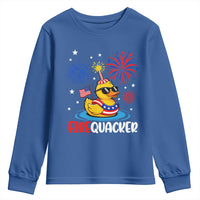 Firequacker Funny Patriotic Rubber Duck Youth Sweatshirt Cool American Flag Sunglasses and Stars Swim Ring Summer Fireworks