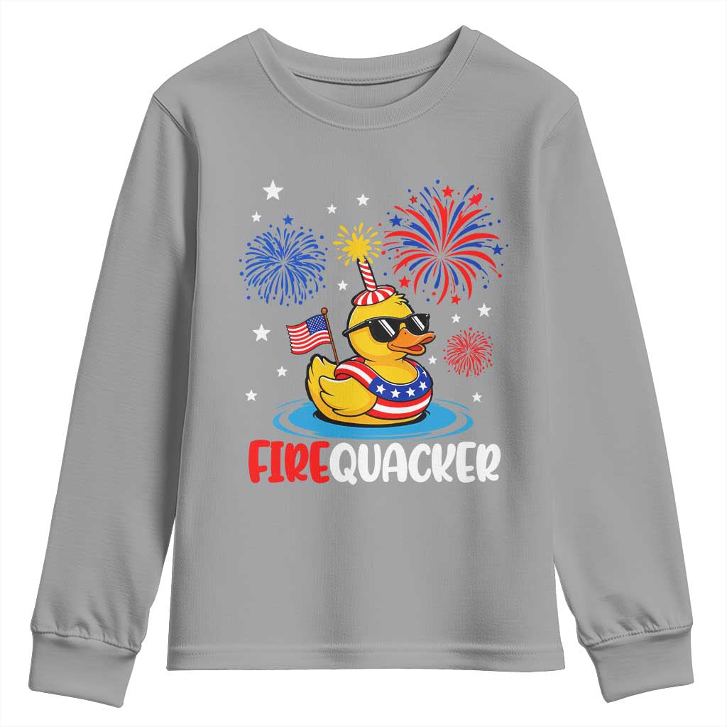 Firequacker Funny Patriotic Rubber Duck Youth Sweatshirt Cool American Flag Sunglasses and Stars Swim Ring Summer Fireworks