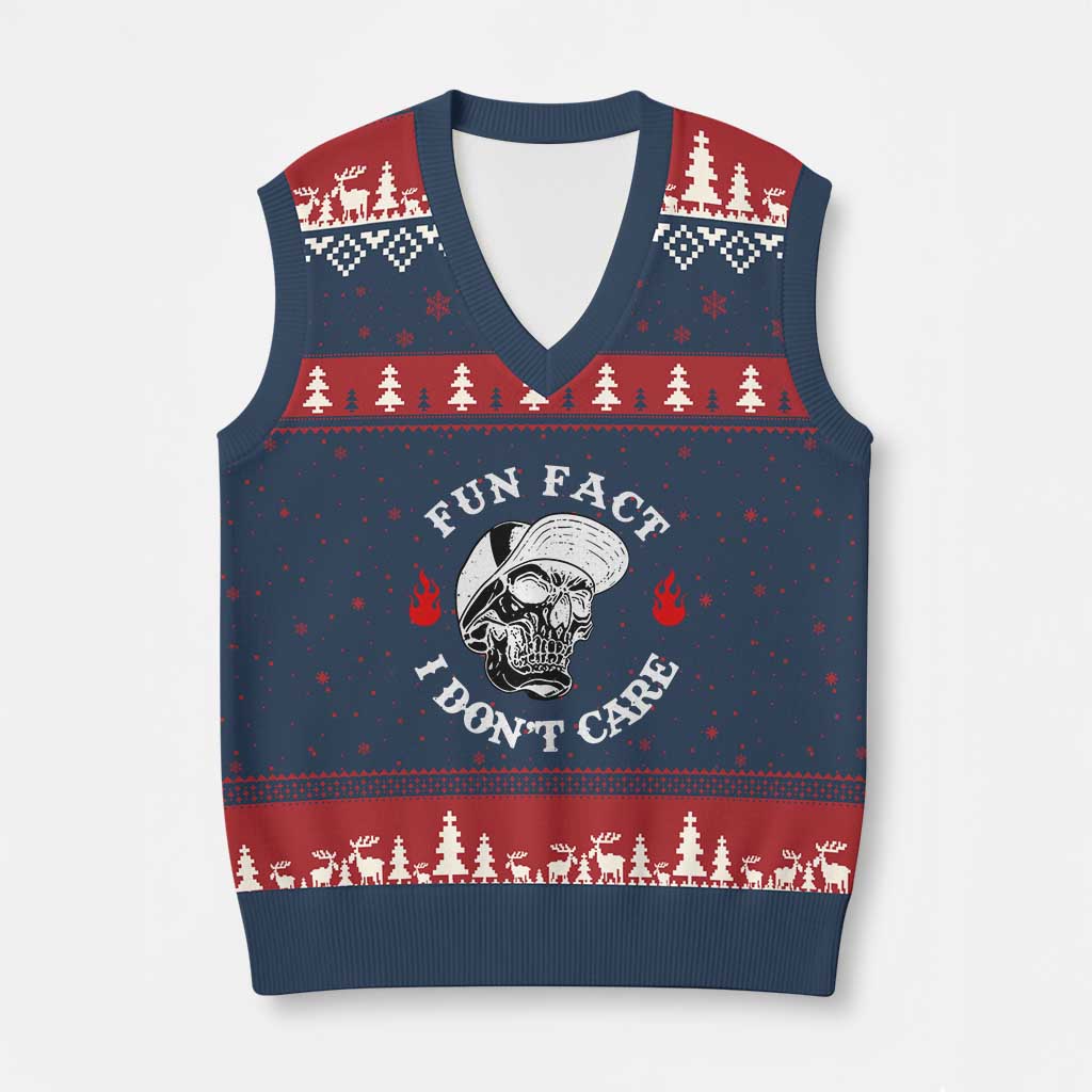 Fun Fact I Don’t Care Skull V-Neck Knit Sweater Vest Edgy Sarcastic Attitude - Wonder Print Shop