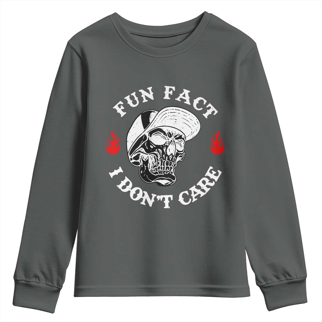 Fun Fact I Don’t Care Skull Youth Sweatshirt Edgy Sarcastic Attitude - Wonder Print Shop