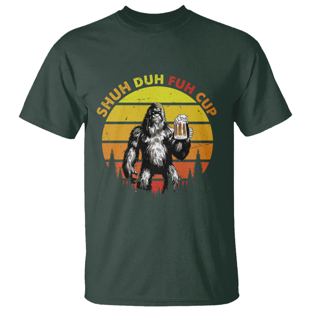 Funny Camping T Shirt Shuh Duh Fuh Cup Retro Funny Bigfoot Drinking Beer Camping - Wonder Print Shop