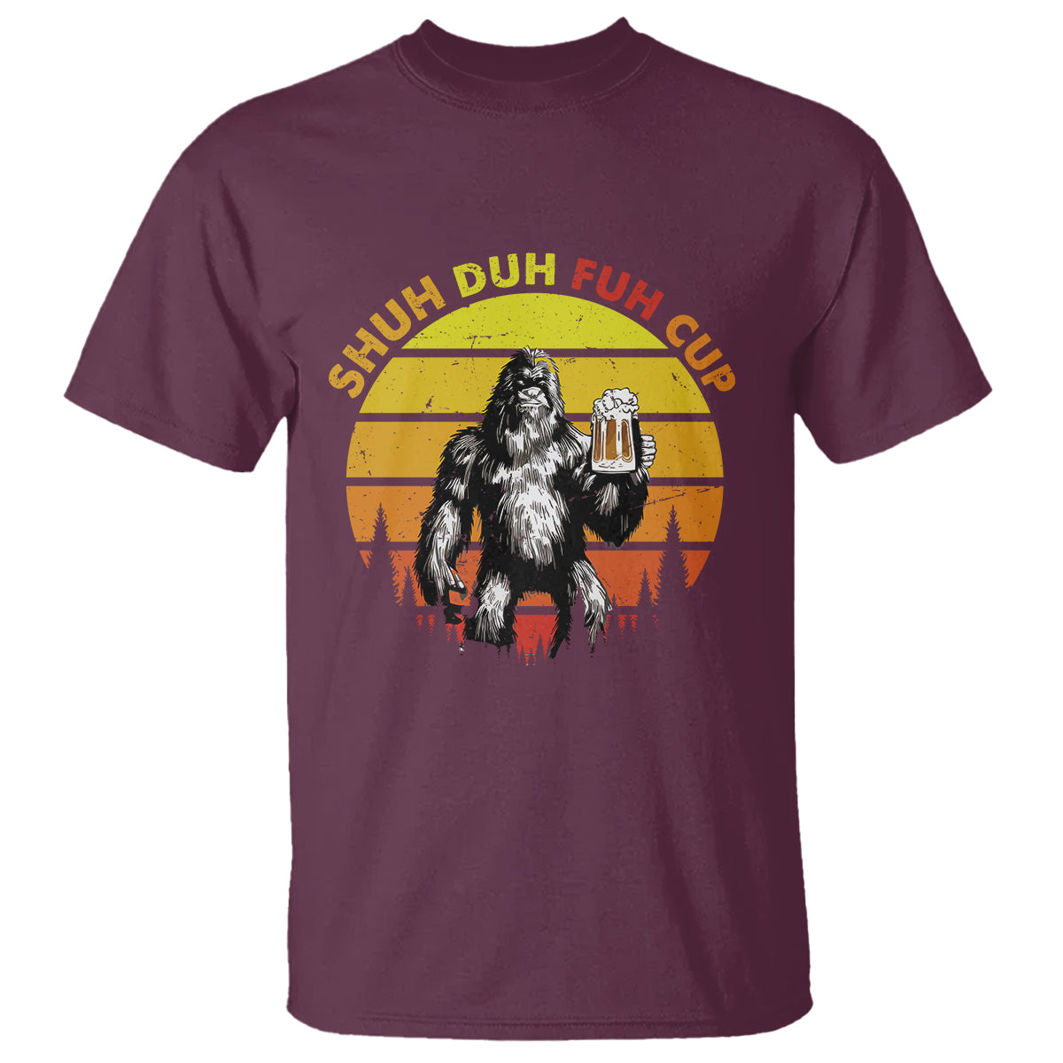 Funny Camping T Shirt Shuh Duh Fuh Cup Retro Funny Bigfoot Drinking Beer Camping - Wonder Print Shop