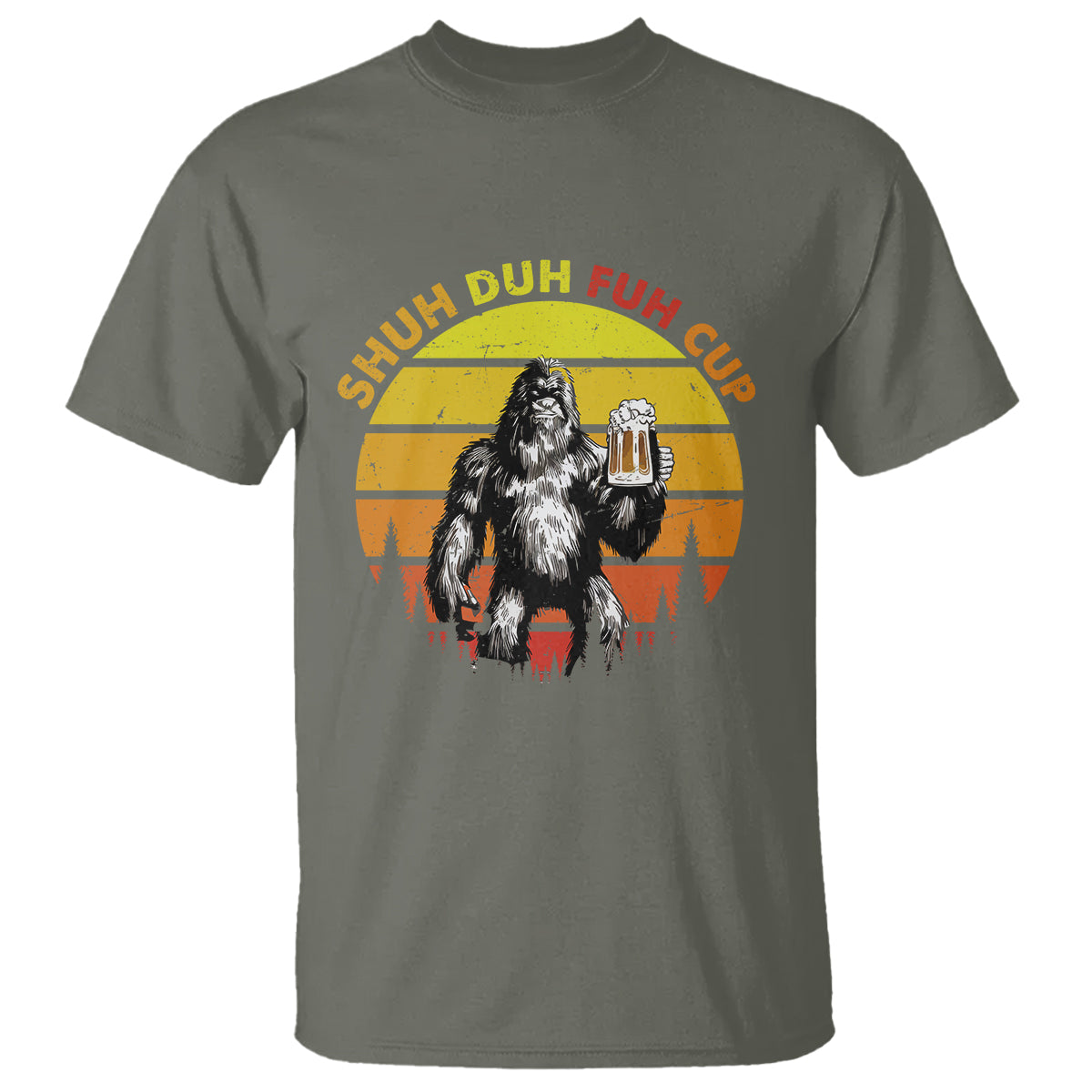 Funny Camping T Shirt Shuh Duh Fuh Cup Retro Funny Bigfoot Drinking Beer Camping - Wonder Print Shop