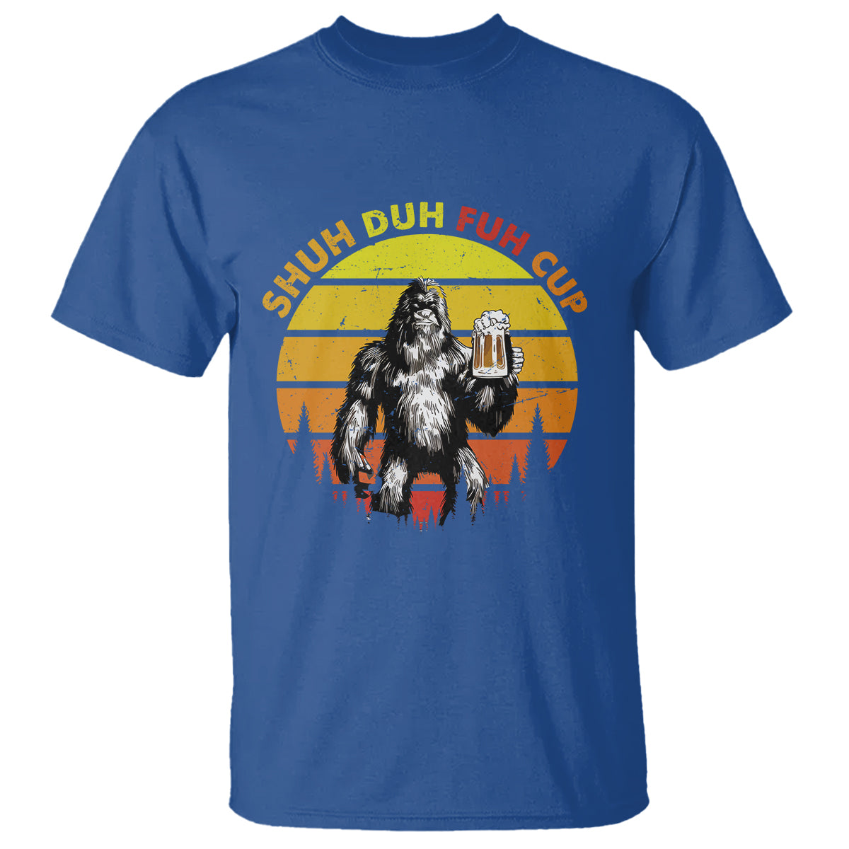 Funny Camping T Shirt Shuh Duh Fuh Cup Retro Funny Bigfoot Drinking Beer Camping - Wonder Print Shop