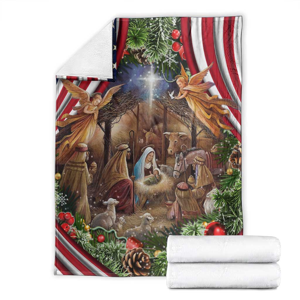 Patriotic Nativity Scene Throw Blanket American Flag Christian Christmas Baby Jesus and Angels Under the Star - Wonder Print Shop